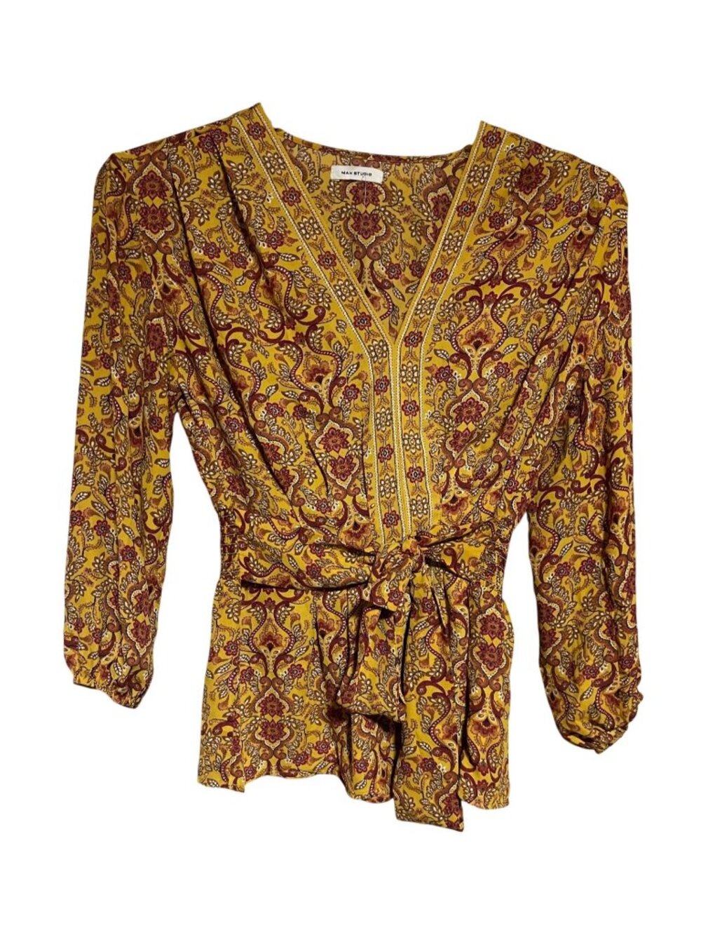 Max Studio Boho Floral Tie Waist Blouse Womens Small